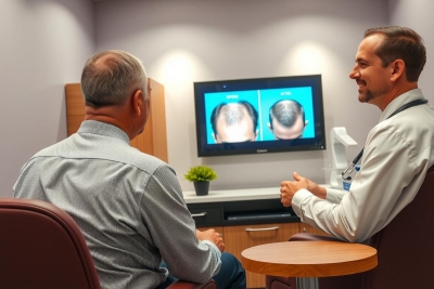 Doctor consults with a patient about hair loss solutions, reviewing images on a screen. The setting appears to be a medical clinic or dermatology office. Focus on hair restoration and medical consultation.