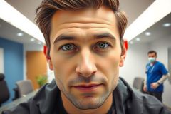 Close-up portrait of a man with blue eyes in a modern office setting.  A healthcare professional in scrubs is visible in the blurred background. Bright, clean aesthetic.