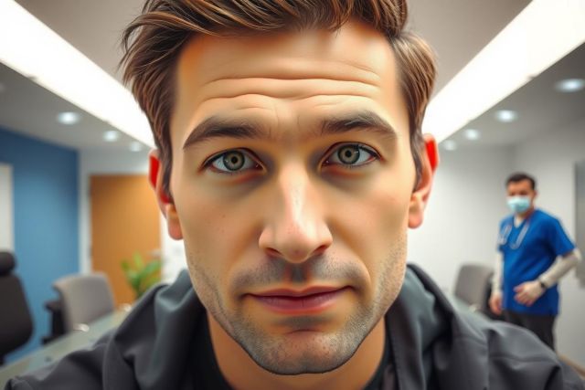 Close-up portrait of a man with blue eyes in a modern office setting.  A healthcare professional in scrubs is visible in the blurred background. Bright, clean aesthetic.