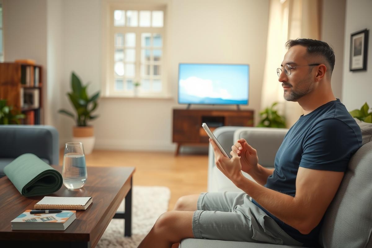 Man sitting on a couch in a living room, holding a smartphone and reading from it while watching television. The environment is cozy with natural light coming through the window.