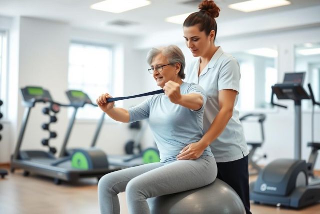 Senior woman exercises with a physical therapist in a bright, modern gym. They're using a resistance band while she sits on a stability ball. Focus on rehabilitation and fitness for older adults, showcasing strength training and healthcare in a wellness setting.