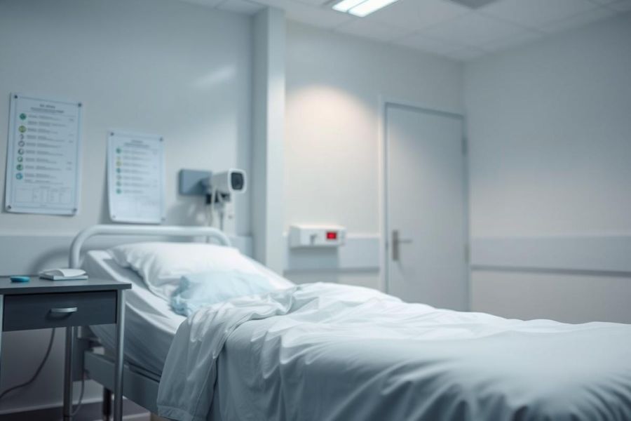 Hospital room interior featuring a neatly made bed with white linens. The scene is bathed in cool, muted tones of gray and blue, creating a sterile and calm atmosphere. Medical charts are visible on the wall, indicating a healthcare setting. A closed door is in the background.