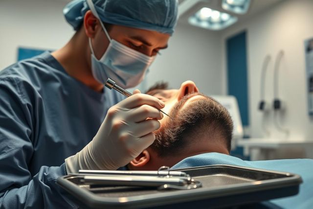 Dental surgery procedure in a modern clinic. A dentist in blue scrubs and mask examines a patient's teeth under bright surgical lights. Focus on precision and healthcare setting. Blue and gray tones dominate the scene.