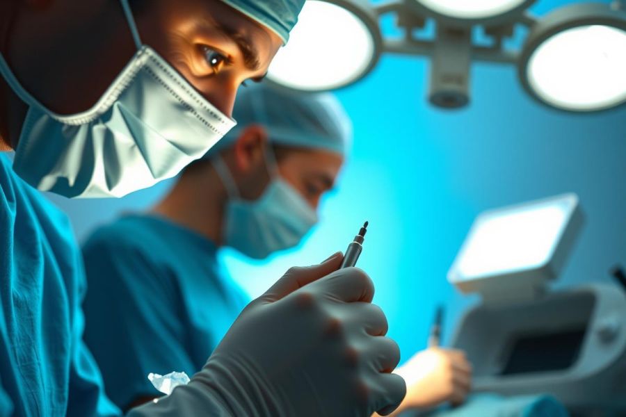 Close-up of a surgeon's gloved hand holding a surgical instrument in an operating room. Sterile environment with blue lighting and medical equipment visible. Focus on precision and healthcare.