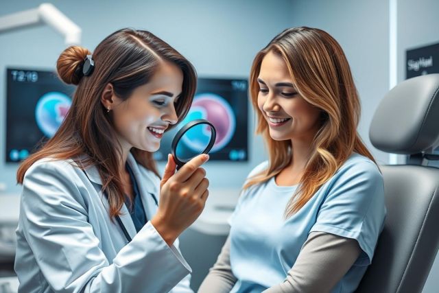 A dermatologist examines a patient's skin with a magnifying glass in a modern clinic. The scene showcases a professional skin check, emphasizing health and wellness. Soft blue and white tones create a clean, clinical environment. Focus on skincare and dermatology services.