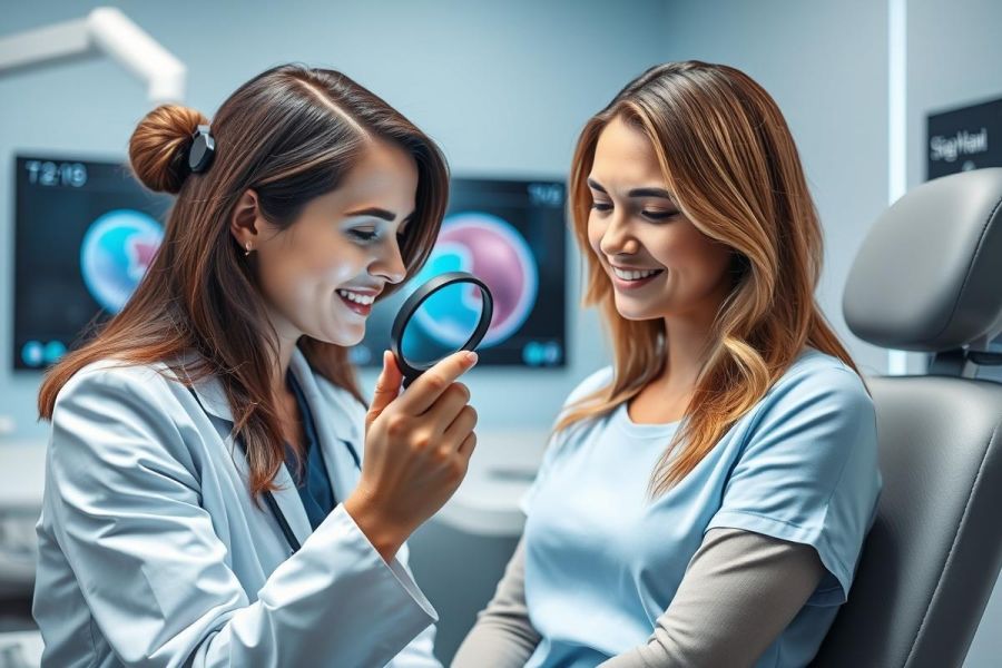 A dermatologist examines a patient's skin with a magnifying glass in a modern clinic. The scene showcases a professional skin check, emphasizing health and wellness. Soft blue and white tones create a clean, clinical environment. Focus on skincare and dermatology services.