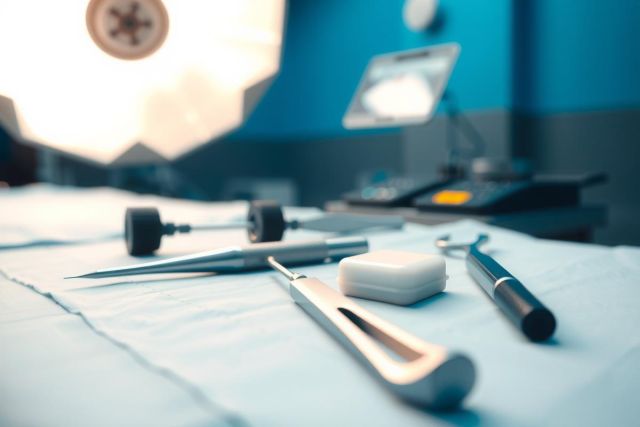 Surgical instruments on a sterile blue drape. Includes forceps, scissors, and a gauze pad, suggesting a medical or operating room setting. Close-up shot with shallow depth of field.