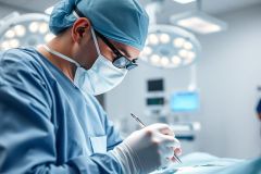 Surgeon in blue scrubs and mask performing surgery under bright operating room lights. Medical professional with surgical tools in a sterile environment. Focus on precision and healthcare.