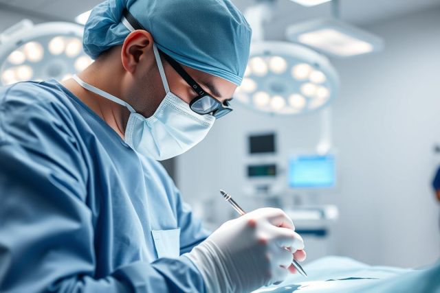 Surgeon in blue scrubs and mask performing surgery under bright operating room lights. Medical professional with surgical tools in a sterile environment. Focus on precision and healthcare.