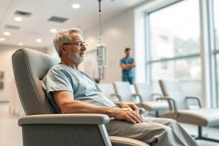 Man receiving IV drip therapy in a modern hospital waiting area. A healthcare professional stands in the background. Predominantly blue and gray tones create a calm, clinical environment. Focus on patient care and medical treatment.