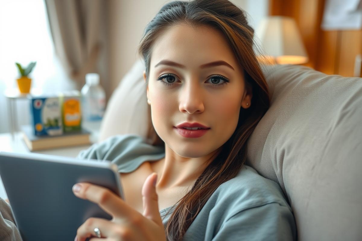 The image depicts a woman sitting on a couch, using her smartphone. She is dressed in casual attire and appears relaxed. The room has soft lighting, and there are elements like a book and a small plant visible in the background.