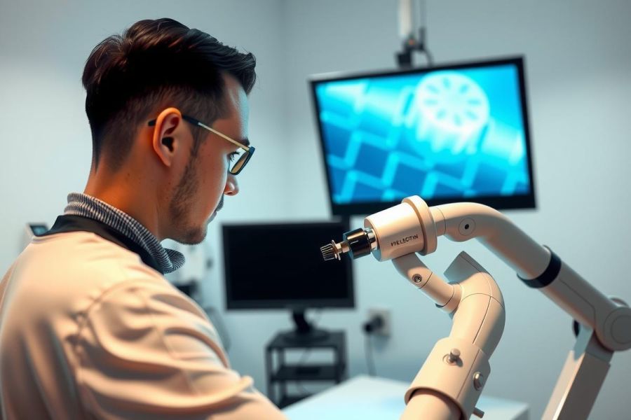 A scientist or researcher in a lab coat examines a sample under a microscope, with a robotic arm visible in the background. The image suggests scientific research and analysis.