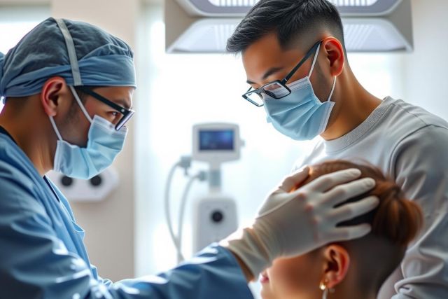 Doctor in surgical mask and gloves examines a patient's head in a brightly lit medical setting. Focus on healthcare, examination, and medical procedure.