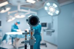 Surgical camera in an operating room. Blue tones dominate the sterile environment with blurred surgeons performing a procedure beneath bright overhead lights. Focus is on the camera equipment used in modern surgery.