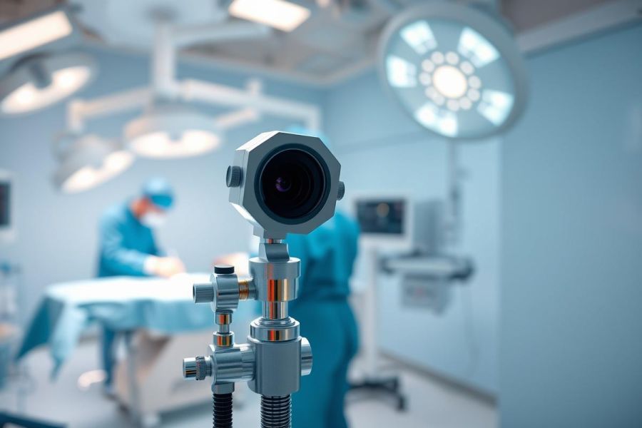 Surgical camera in an operating room. Blue tones dominate the sterile environment with blurred surgeons performing a procedure beneath bright overhead lights. Focus is on the camera equipment used in modern surgery.