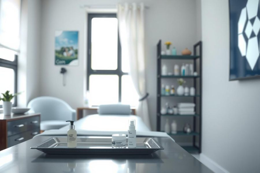 Spa room interior. A treatment table with products on a tray, black shelves with toiletries, and a relaxing environment. Natural light, modern design, calming blue tones.
