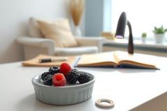 Close-up of fresh berries (blackberries and raspberries) in a bowl on a table. Cozy home setting with a book, plant, and soft light. Bright, natural light and a calming atmosphere.