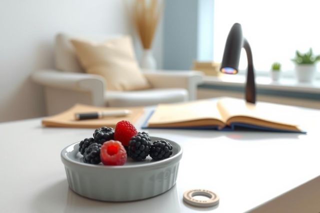 Close-up of fresh berries (blackberries and raspberries) in a bowl on a table. Cozy home setting with a book, plant, and soft light. Bright, natural light and a calming atmosphere.
