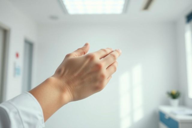 Close-up of a hand in a white shirt gesturing in a bright, modern medical or office setting. The room features white walls, a skylight, and subtle blue accents, conveying a clean and professional atmosphere. Focus on healthcare, office, or business contexts.