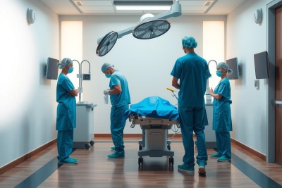 The image shows a medical surgical room with four doctors wearing sterile scrubs and gowns. They are surrounded by various pieces of medical equipment including an operating table, monitors, and machines that aid in patient care during surgeries. The room is brightly lit and has white walls and flooring which are typical for cleanroom environments in hospitals.