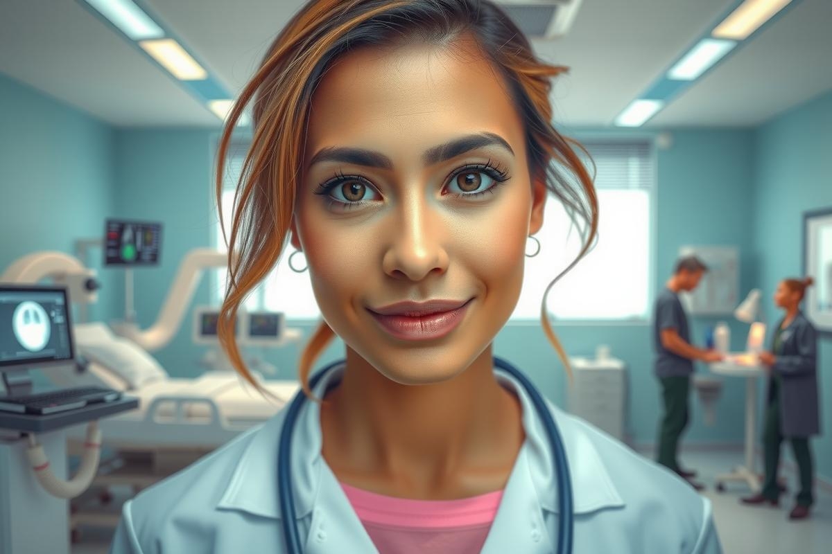 In this image, there is a woman standing in what appears to be a medical setting. She has a cheerful expression on her face and is looking directly at the viewer. The woman is wearing professional attire commonly associated with doctors or medical professionals, such as a white coat with a stethoscope around her neck.