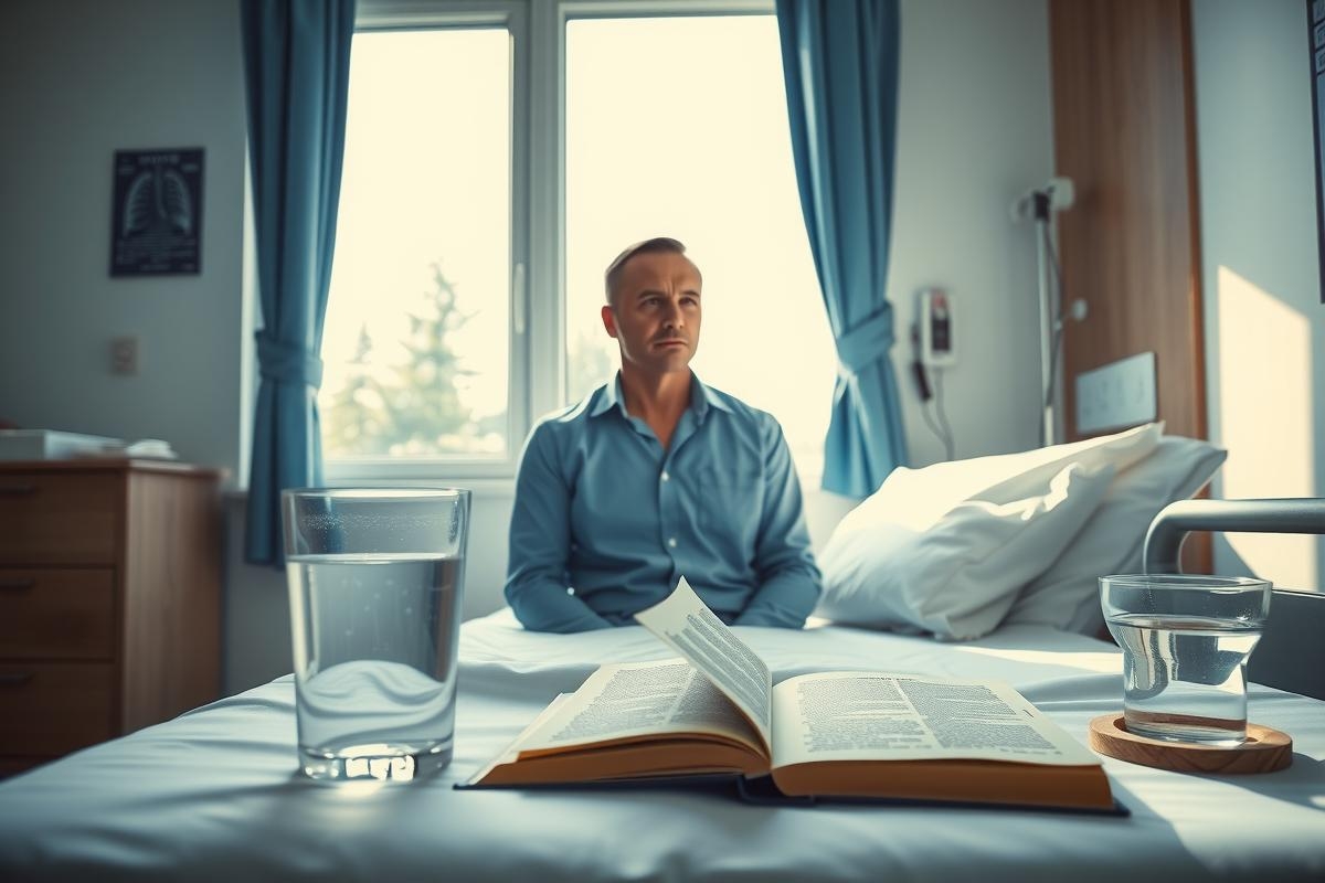 The image depicts a man seated in a hospital bed, reading from an open book. The setting appears to be a well-lit room with a window allowing natural light to enter the space. The environment suggests a peaceful, calming atmosphere despite being within a medical facility. The man is dressed in casual attire and seems engrossed in his reading.