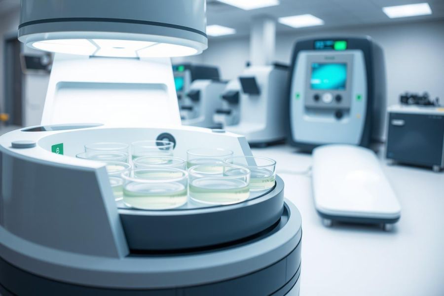 Laboratory equipment, including petri dishes and automated machinery, in a clean, modern lab setting.  Scientific research, microbiology, and biotechnology concepts are represented. The color palette is predominantly white and silver.