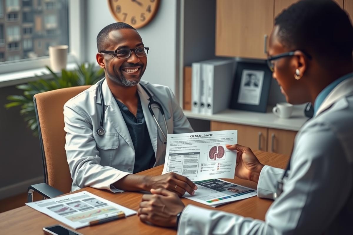 The image is a professional office setting. In the foreground, there are two men dressed in medical attire suggesting they may be doctors or healthcare professionals. They are seated across from each other at an office desk with various documents spread out on it.