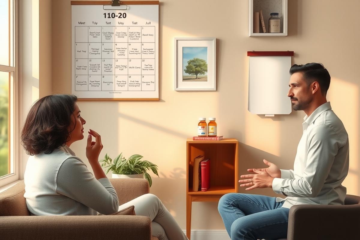 The image depicts a cozy indoor setting with two individuals engaged in conversation. A woman sits comfortably on a couch, while a man stands nearby. They are positioned in front of a large window that allows natural light to fill the room, creating a warm and inviting ambiance. 