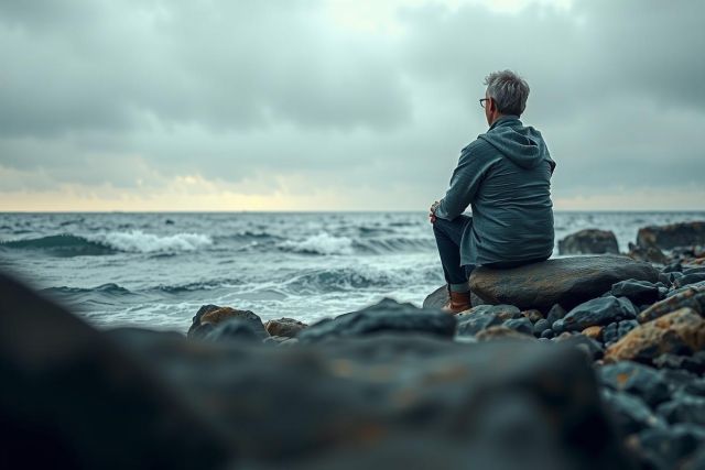 The image depicts a person sitting alone on rocks near the ocean, likely pondering. The individual appears to be facing the sea, suggesting contemplation or introspection. The weather is overcast, with dark clouds and a cold atmosphere.