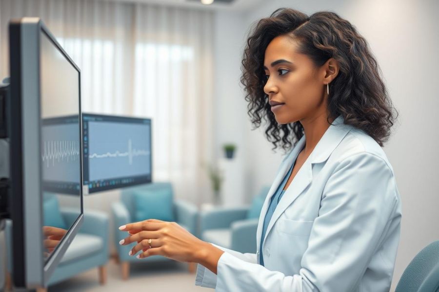 A female doctor in a white coat analyzes an electrocardiogram (ECG) on a monitor in a modern medical clinic. The scene features calming blue and white tones, suggesting a healthcare setting focused on patient monitoring and diagnostics.