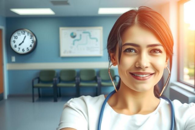 A young woman wearing a white coat and stethoscope, smiling at the camera in an office setting with medical equipment such as a clock and patient charts behind her. The environment suggests she is in a healthcare or doctor's office.