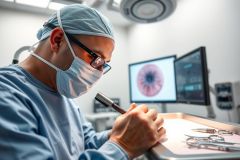 Surgeon performing eye surgery in a sterile operating room. Close-up view of the doctor in surgical mask and cap, focusing on an eye displayed on a monitor. Medical equipment and instruments visible. Blue and white color palette. Healthcare, ophthalmology, procedure.