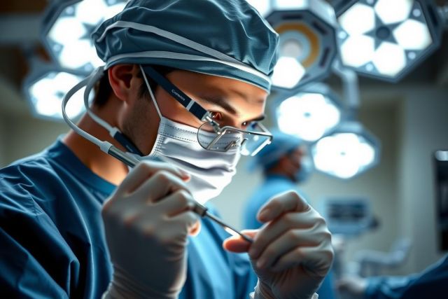 Surgeon in blue scrubs and mask holds surgical instruments in an operating room. Bright overhead lights illuminate the scene, focusing on precision and medical procedure.