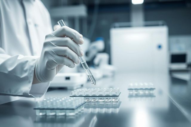 Close-up of a scientist in a lab coat using a pipette over a multi-well plate. The sterile environment features modern lab equipment in cool blue and white tones, suggesting scientific research, analysis, or biotechnology.