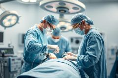 Surgical team performing an operation in a modern operating room. Doctors in blue scrubs and masks work on a patient under bright surgical lights. Healthcare, medical procedure, and hospital environment are evident.