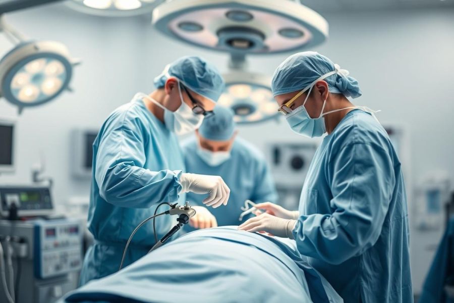 Surgical team performing an operation in a modern operating room. Doctors in blue scrubs and masks work on a patient under bright surgical lights. Healthcare, medical procedure, and hospital environment are evident.