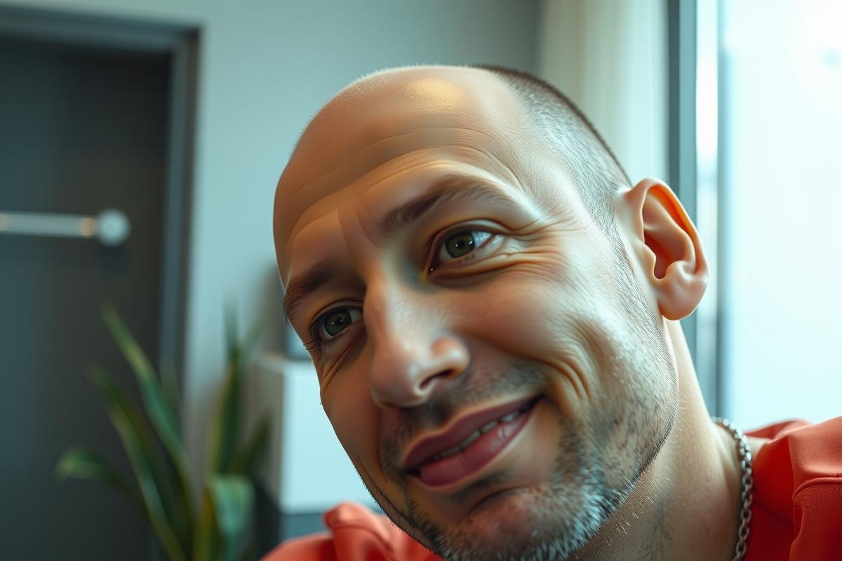 Close-up portrait of a smiling man with a shaved head, wearing a red shirt and a necklace, standing near a door with greenery in the background. Natural lighting highlights his features.