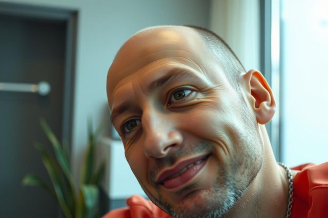 Close-up portrait of a smiling man with a shaved head, wearing a red shirt and a necklace, standing near a door with greenery in the background. Natural lighting highlights his features.