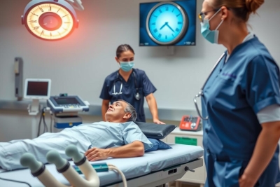 The image depicts a hospital setting with medical professionals around a patient. The focus is on the interaction between doctors and nurses, which suggests an environment of care and treatment.