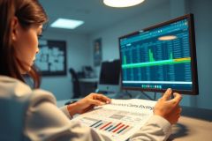 In a dimly lit office, a woman analyzes data on a monitor. Graphs and charts suggesting financial or technical analysis are displayed. The scene emphasizes data visualization and a focused work environment.