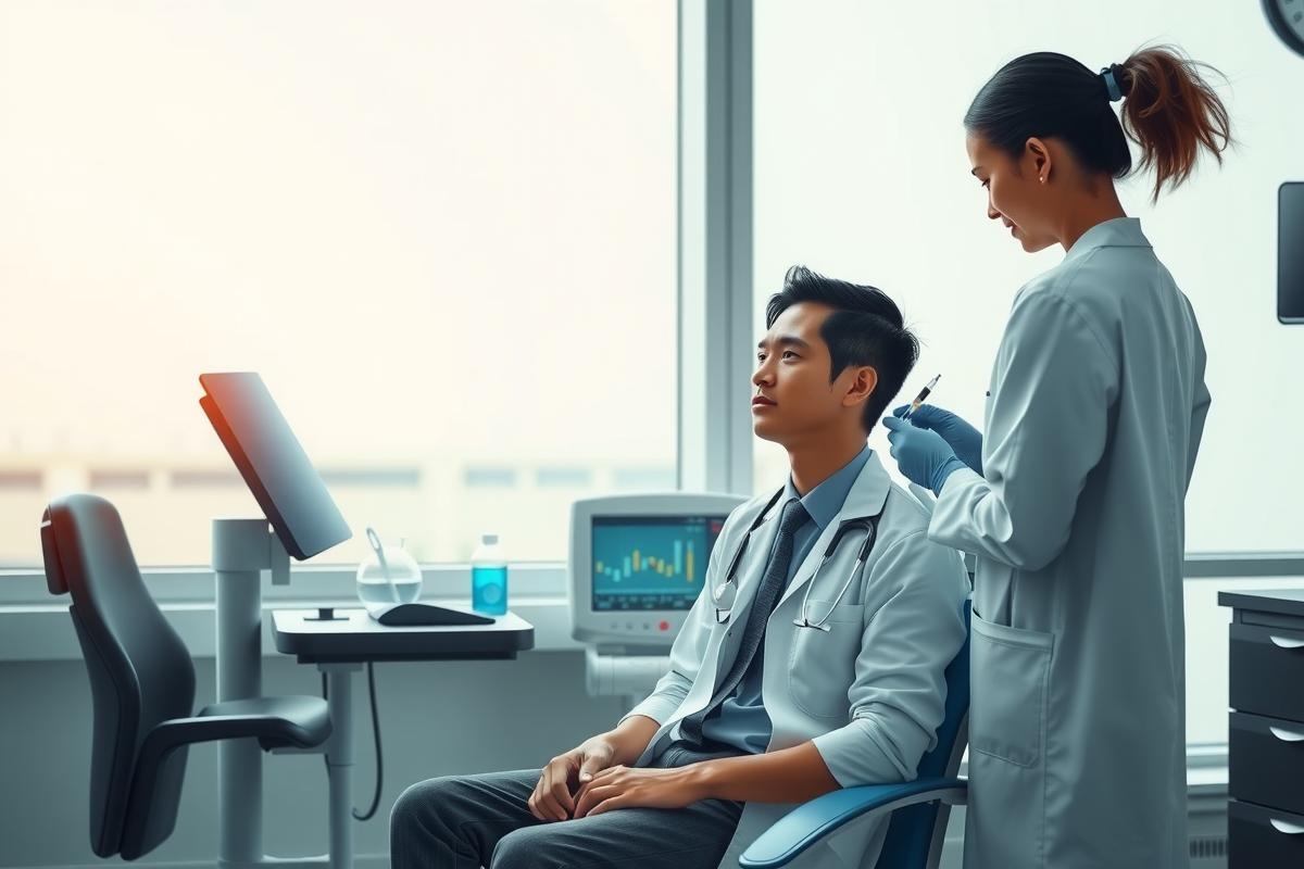 In the image, we see a professional setting with two doctors in an examination room. The doctor seated is being attended to by a standing doctor. Both are dressed in medical attire and appear focused on their respective tasks. The room has a sterile ambiance and equipment indicative of a medical practice.