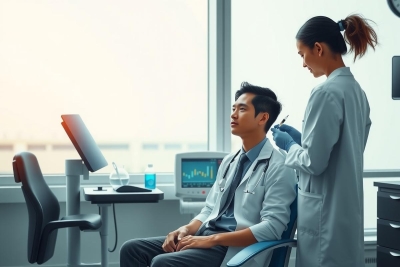 In the image, we see a professional setting with two doctors in an examination room. The doctor seated is being attended to by a standing doctor. Both are dressed in medical attire and appear focused on their respective tasks. The room has a sterile ambiance and equipment indicative of a medical practice.
