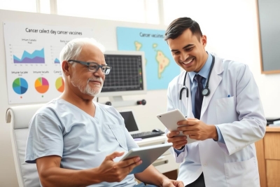 The image shows a medical professional, wearing a white lab coat, in conversation with an elderly patient. The setting appears to be a clinical or hospital environment, with a desk and medical equipment visible. Both individuals are seated; the doctor is standing next to the patient, who has a slight smile on his face while holding a clipboard. The scene suggests a friendly interaction during a medical consultation.