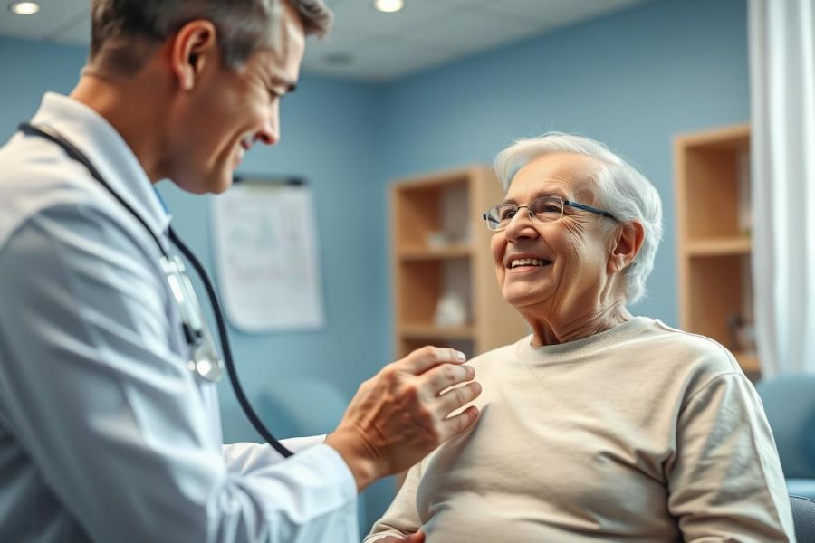 Doctor examining an elderly woman during a healthcare checkup. The scene takes place in a bright, blue-toned medical office. Focus on patient care, senior health, and doctor-patient relationship. Positive and reassuring atmosphere.