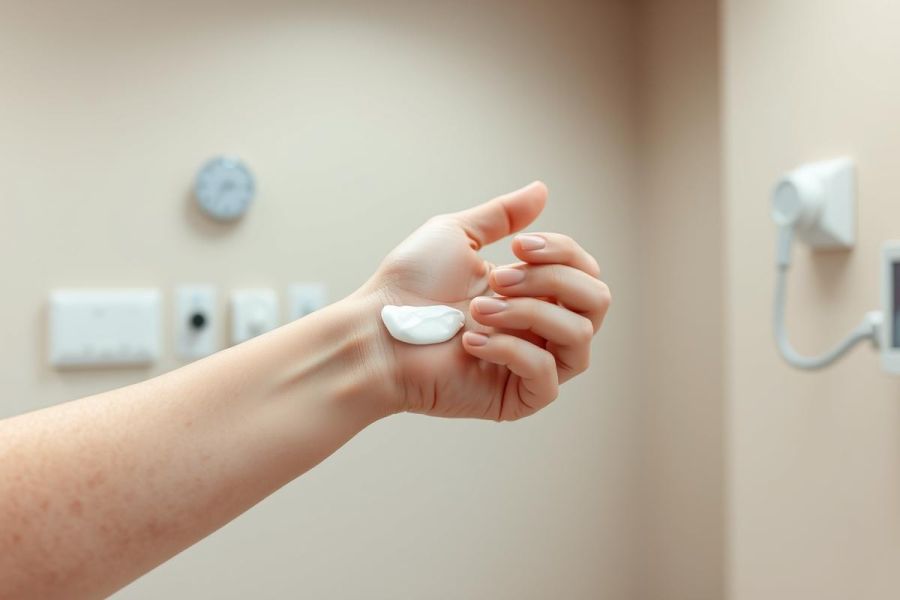 Close-up of a hand applying white cream or lotion to the wrist. The background features a beige wall with electrical outlets and a thermostat, suggesting a bathroom or healthcare setting. Focus on skincare, moisturizer, and personal care routines.
