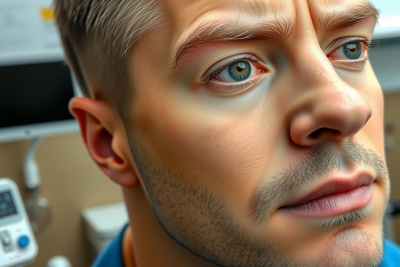 Close-up portrait of a man with blue eyes and a short beard. The image features a shallow depth of field, focusing on the man's face against a blurred background with equipment. Natural lighting highlights his features.
