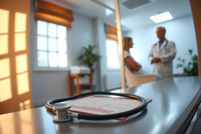 Doctor in a clinic examining room. Medical tools on table, blurred background. Healthcare professional, diagnostics, patient care. Bright, clean environment. 