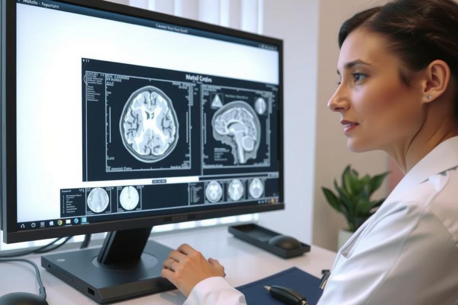 Doctor examines MRI scans of the brain on a computer monitor. Medical professional reviewing diagnostic images in a clinic or hospital setting. Healthcare, diagnostics, and medical technology.