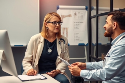 In the image, two doctors are in an exam room setting. The doctors are sitting at a table with medical records and equipment. They are likely in a discussion about a patient's health issues.